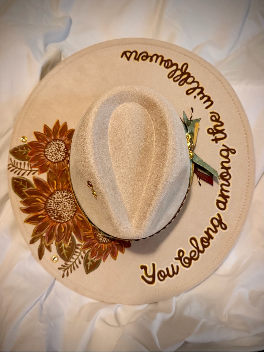 Beige Sunflower Vegan Suede Hat - You Belong Among the Wildflowers